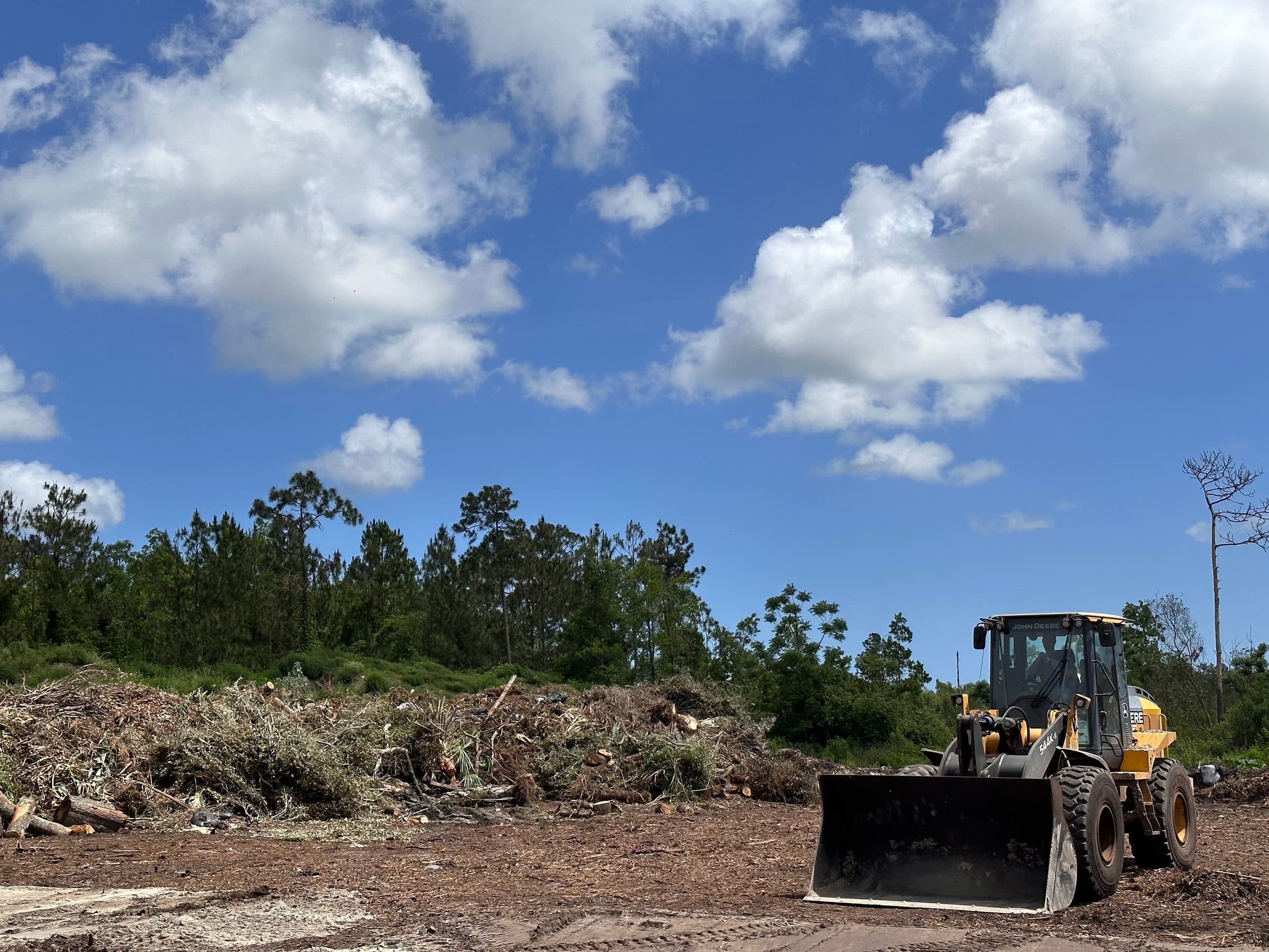 A wheel loader next to piles of branches and other vegetative material, with pine trees behind.